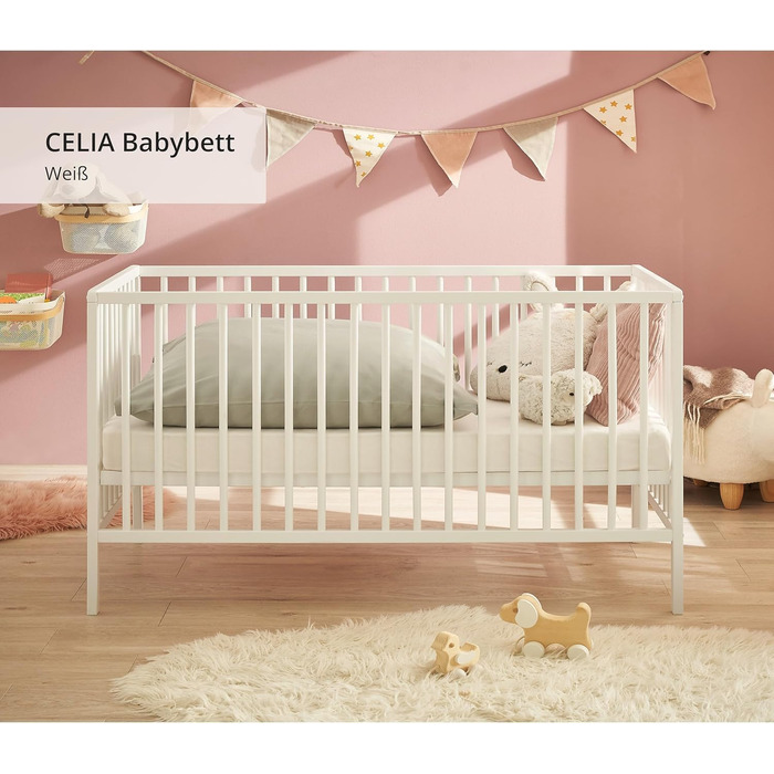 Дитяче ліжко Celia Safe 60x120 см з масиву бука білого кольору - Функціональне дитяче ліжечко з регульованою по висоті рейковою основою - 64 x 80 x 124 см (Ш/В/Г)