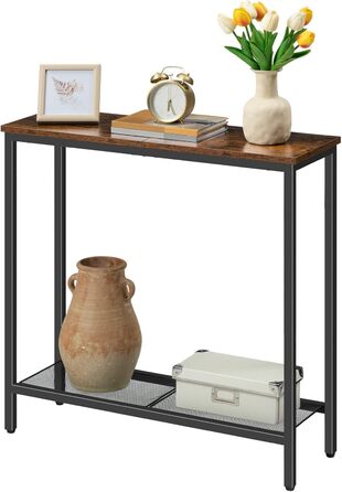 Вузький консольний столик HOOBRO з полицями, 75 x 24 x 75 см, бічний столик, столик для передпокою, вітринний столик, диван-столик, для входу, передпокою, вінтажний коричнево-чорний EBF74XG01 Вінтажний коричневий чорний