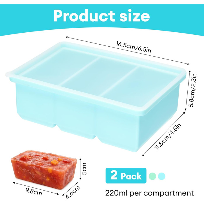 Контейнери для заморожування супів, 2 шт., силіконові кубики для супу з кришками, морозильна камера без бісфенолу А, лоток для кубиків льоду в морозильній камері для бульйону, соусу та льоду (синійзелений, 220 мл)