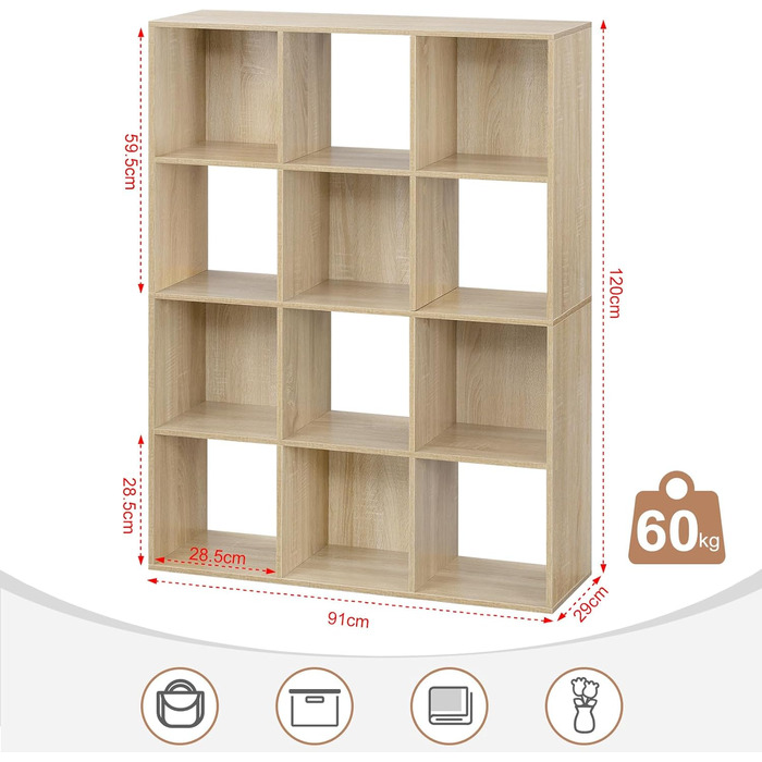 Книжкова полиця eSituro з 12 відділеннями, окремостояча кубічна полиця, відкрита полиця-перегородка для кімнати, сучасна стояча полиця, для вітальні, дитячої кімнати, офісу, спальні, 9120x29 см, світлий дуб