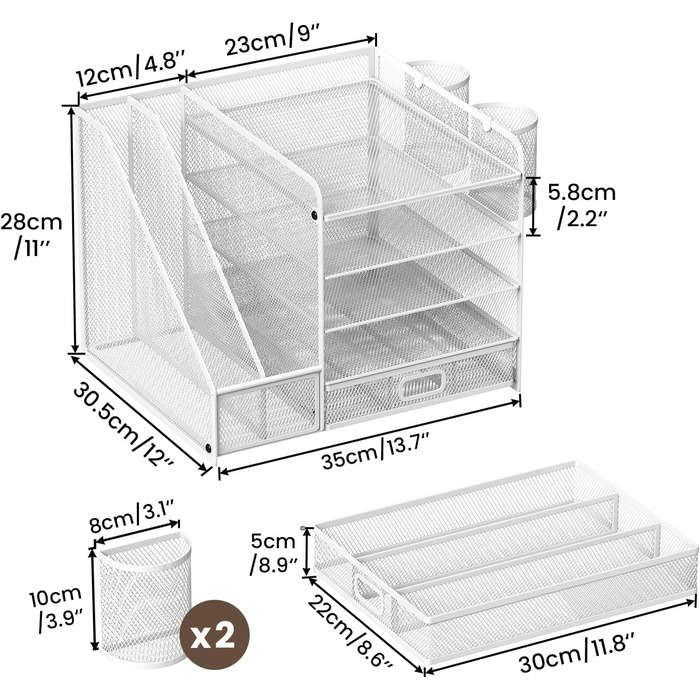Рівневий сітчастий органайзер для столу з шухлядою, лотками для файлів та тримачами для ручок - рішення для зберігання офісного та художнього приладдя для паперу для малювання, сортувальника олівців, тримача для журналів (білий), 5-