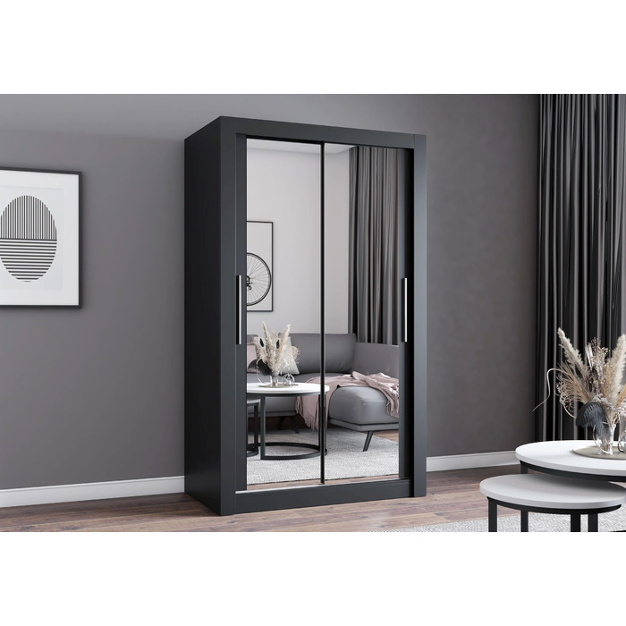 Шафа з дзеркалом - Шафа з розсувними дверима - Шафа для спальні - 64 x 120 x 215 см - Шафа для вітальні - Вішалка для одягу - Чорна шафа з двома дверима, сучасна 120 см чорного кольору