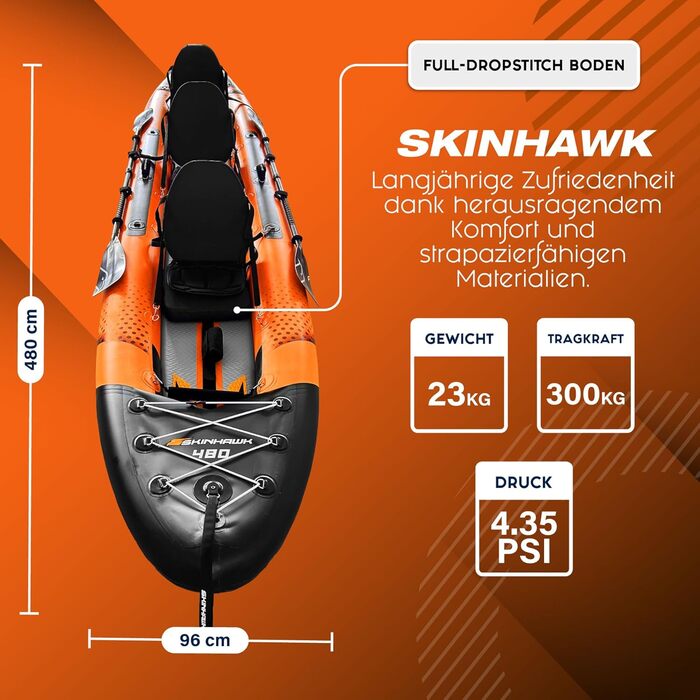 Ексклюзивний помаранчевий набір для каяків SKINHAWK 480 - Надувний човен - Каное - 480 x 96 см - 3-місний каяк. Набір для каяків Skinhawk 480 з алюмінієвим веслом
