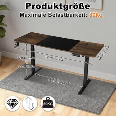 Електричний стіл з регулюванням висоти 16060 см, комп&39ютерний стіл, 3 функції пам&39яті, гладка поверхня, порт Type-C, органайзер для кабелів, гачок для навушників та підсклянник, вінтажний коричневий 160 x 60 см вінтажний коричневий