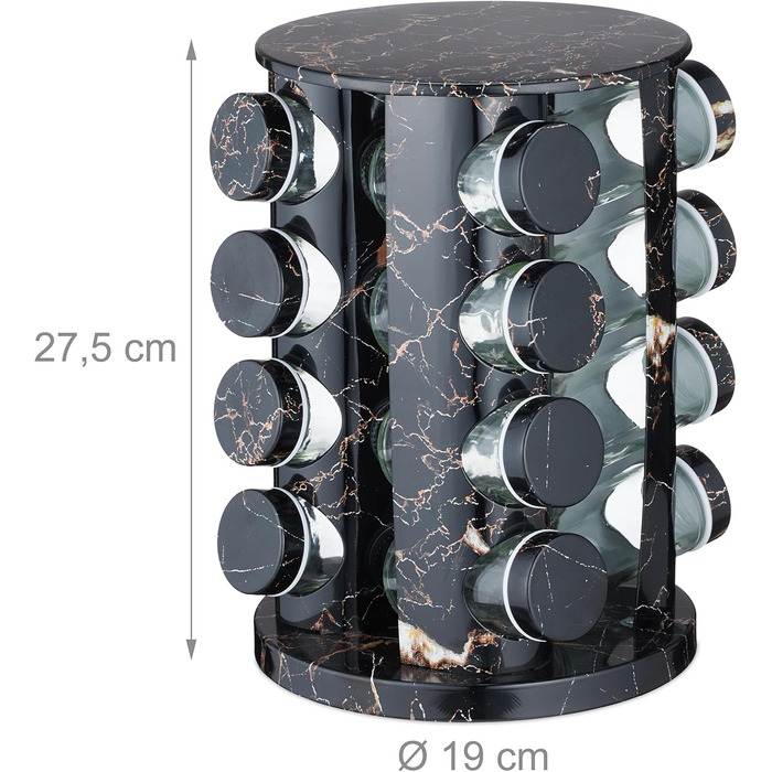Карусель для спецій Relaxdays з 16 баночками для спецій, зі вставкою-шейкером, обертовий, багаторазовий блок для спецій, мармуровий вигляд, чорний