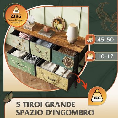 Комод WLIVE з 5 тканинними шухлядами, комод для спальні, комод для вітальні, з міцним сталевим каркасом, богемний стиль 29,8 Г x 100 Ш x 63,7 В см (5 шухляд) зелений