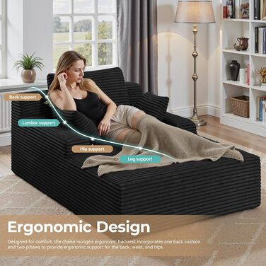 Сучасний вельветовий диван без кісток з функцією сну Диван Хмара з шезлонгом, 3 подушки, зручний диван для вітальні, не потребує складання чорна вельветова тканина