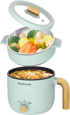 Електрична гаряча каструля та пароварка Audecook, портативна міні-мультиварка з антипригарним покриттям 1,5 л, плита швидкого рамену, дорожня електрична сковорода з подвійним регулюванням потужності для стейків/супу/яєць/вівса (зелений) 1,5 л (з пароварко
