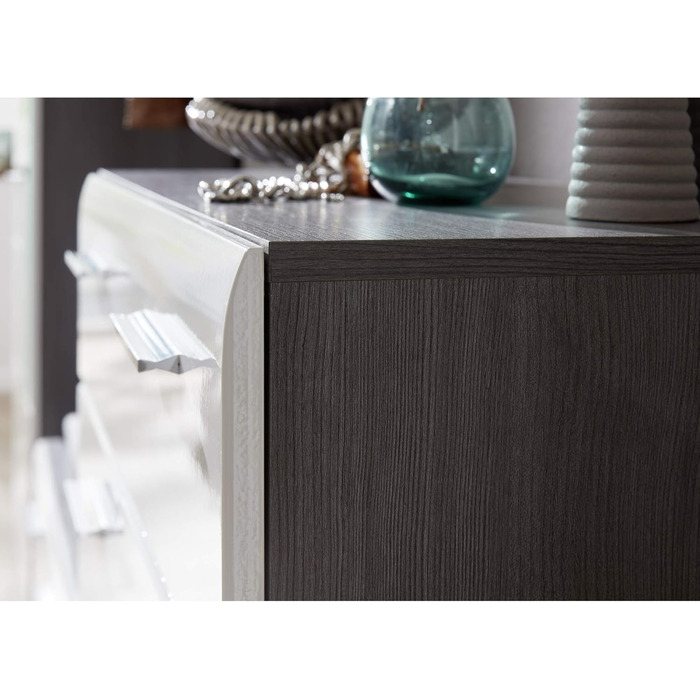 Комод - Димчасто-сріблястий/Білий глянцевий - Шафа для взуття з місцем для 12 пар взуття - (Ш x В x Г) 80 x 87 x 35 см - Хромовані ручки - Стійкий до подряпин Sardegna Димчасто-сріблястий меламін/Білий глянцевий 80 x 87 x 35 см