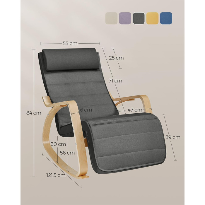 Крісло-гойдалка SONGMICS з підлокітниками з березового дерева, крісло-гойдалка, регульована підставка для ніг у 5 положеннях, вантажопідйомність до 150 кг, для спальні, вітальні, темно-сірий-натуральний LYY10G сірий бавовна-поліестер