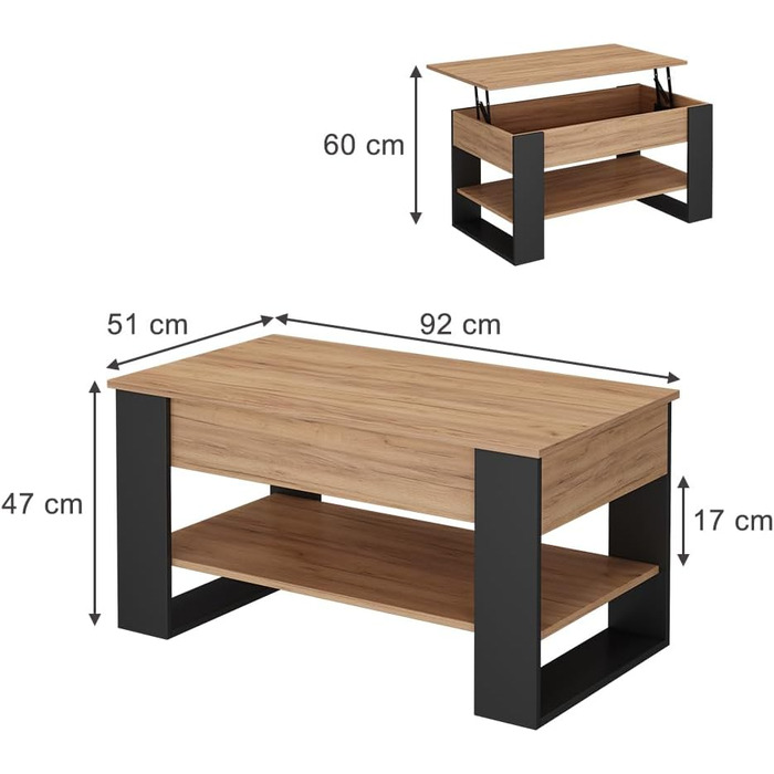 Журнальний столик Vicco Lifto, дуб/антрацит, 92 x 51 см з функцією підйому