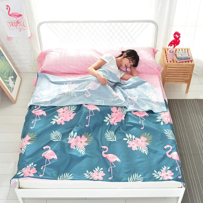 Ультралегкий портативний бавовняний спальний мішок-підкладка Stillshine для одного/двомісного подорожі з візерунком &quotФламінго&quot, для кемпінгу на свіжому повітрі (синій фламінго, 160 * 230 см)