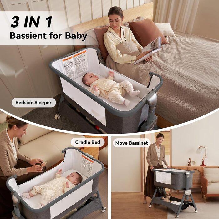 Дитяче ліжечко babyboat 3 в 1, портативне дитяче ліжечко з колесами, регульоване дорожнє ліжечко з матрацом та сумкою, сірого кольору, колиска для дітей 0-6 місяців, сірий-1