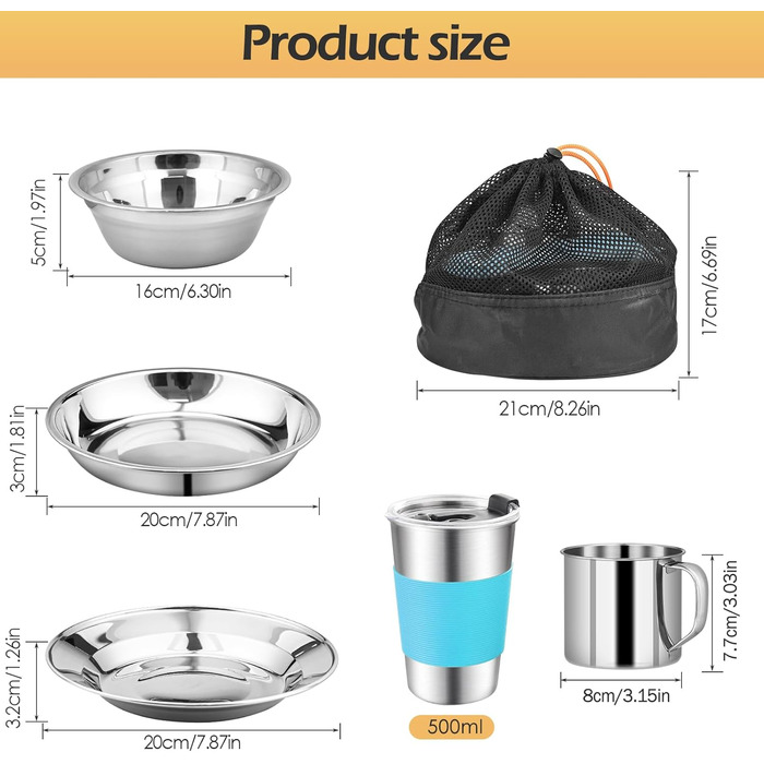 Набір столових приборів для кемпінгу, 10 предметів з нержавіючої сталі з тарілкою, мискою, чашкою, виделкою, ложкою та чохлом/сумкою для зберігання столових приборів, легкий для кемпінгу, походів та пікніків