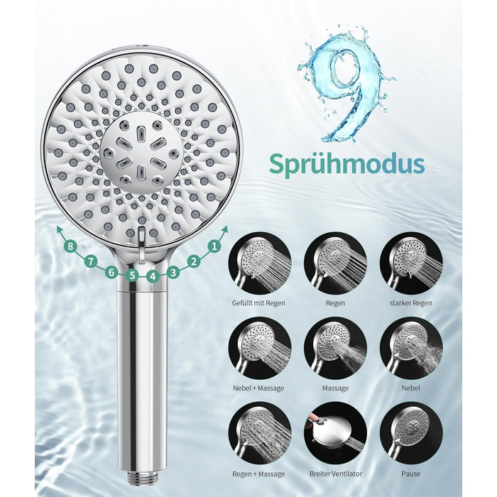 Душова лійка SR SUN RISE з фільтром, шланг та картриджі для фільтрації, 9 режимів розпилення з 4-ступеневим фільтром води, високий тиск для жорсткої води, видаляє залишковий хлор, важкі метали та бактерії, хромоване покриття з іонами срібла