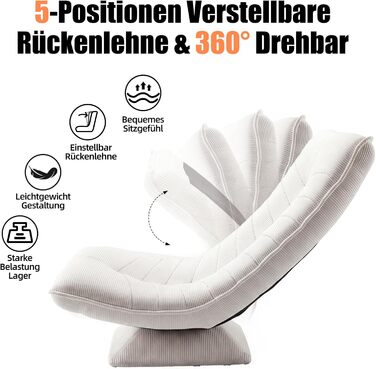 Крісло для вітальні з регульованою спинкою, поворот на 360, зручне вельветове підлогове крісло, не потребує складання, розкладний ігровий підлоговий диван, вантажопідйомність 150 кг, крісло-реклайнер, крісло для читання, бежевий