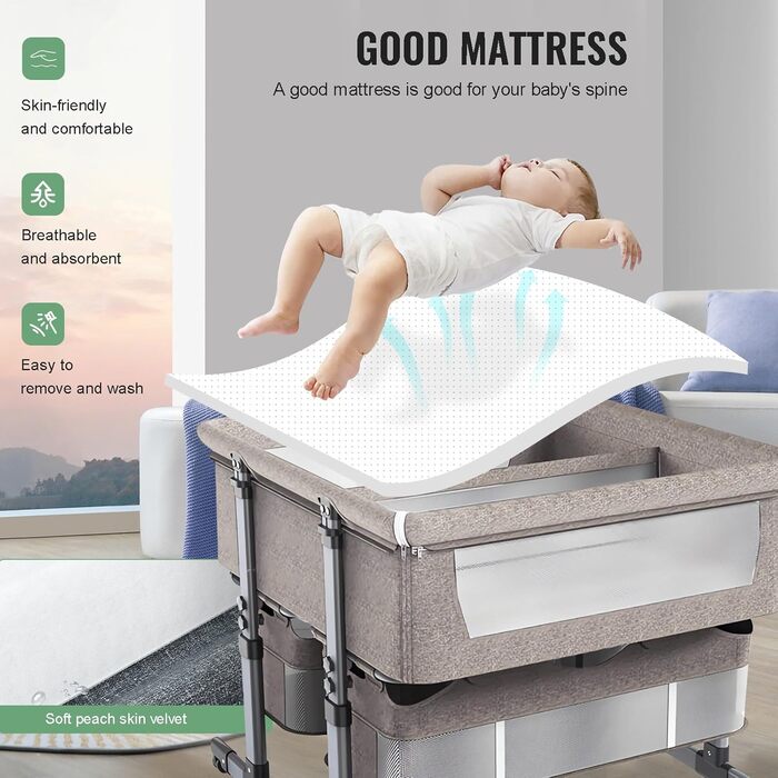 Односпальне ліжко для двох немовлят, дитяче ліжко для близнюків, колиска для близнюків, односпальне ліжко поруч зі мною, регульована висота в 6 напрямках, легко розкладне спальне ліжко, портативне дитяче ліжко кольору хакі