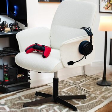 Ігрове крісло, біле, зі спинкою та регульованим по висоті сидінням, для підлітків, ергономічне, поворот на 360, виготовлене з махрової тканини, для спалень, без коліс