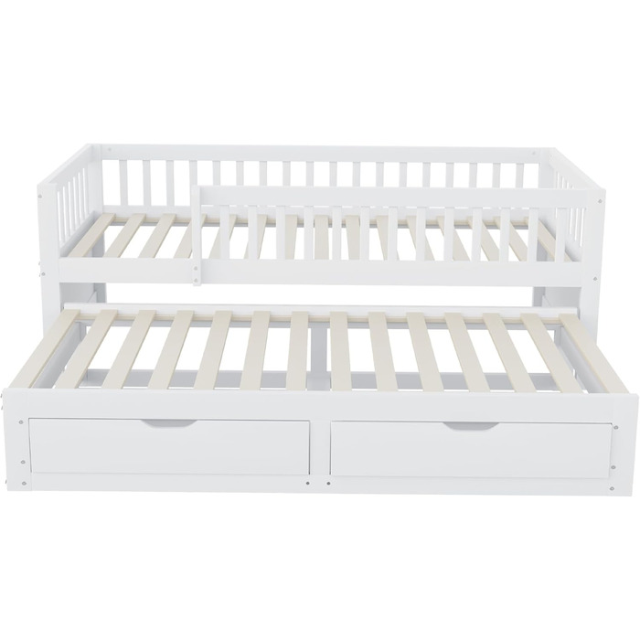 Дитяче ліжко 90x200 диван-ліжко з масиву дерева з висувним ліжком та шухлядами, багатофункціональне ліжко, кушетка, гостьове ліжко з місцем для зберігання речей, дитяче ліжко, каркас ліжка із захистом від падіння та рейковою основою, без матраца, біле. Бі