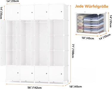 Шафа HOMIDEC, Портативна система полиць, Пластикова шафа на 20 кубів з 2 рейками для одягу, Шафа для спальні, Біла, 180 x 142 x 45 см, 20 кубів, Повністю біла