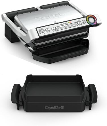 Контактний гриль Tefal OptiGrill & Bake з деком для випікання, 6 програм, індикатор рівня приготування, знімні пластини, електричний гриль, нержавіюча сталь, GC714D10, срібло