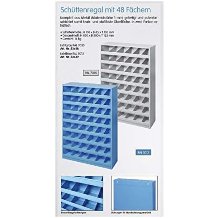 Металевий стелаж з відділеннями для гвинтів та болтів, RAL7035, 53618
