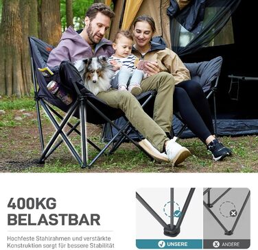 Складаний кемпінговий стілець EVER ADVANCED, ширина 145 см, для 2 осіб, розкладний диван, вантажопідйомність 400 кг, товсто м&39який розкладний стілець, 2-місний, висока спинка, надзвичайно широкий, для використання на вулиці, в саду, на балконі, в приміщ