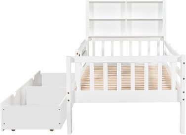 Дитяче ліжко 90x200, дерев&39яне ліжко з шухлядами та дошкою для малювання, узголів&39я з книжковою полицею та поручнями, ліжко з рейковою основою та місцем для зберігання речей, дитяче ліжко, функціональне ліжко, дерев&39яний каркас ліжка, без матраца, б