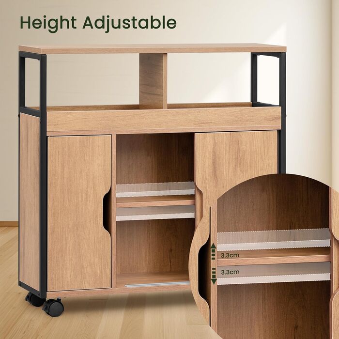 Шафка для ванної кімнати EUGAD, вузька нішева шафка, шафка для ванної кімнати з 2 відкритими відділеннями, регульована полиця, розсувні дверцята, нішева полиця з колесами, 70x70x20 см, чорний світлий дуб E1-MDF метал 70x20x70 см