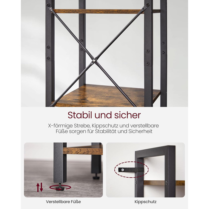 Полиця, книжкова шафа, полиця для DVD, з 6 полицями, офісна полиця, відкриті полиці, для офісу, вітальні, спальні, кухні, 30 x 40 x 186 см, вінтажний коричневий-чорнильний чорний LLS101B01 6 полиць (40Ш x 186В см) вінтажний коричневий чорнильний чорний