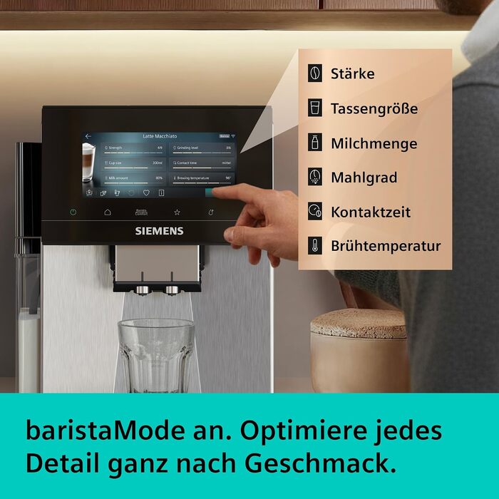 Кавомашина Siemens EQ900 iAroma персоналізація налаштувань, точний жорер, великий сенсорний дисплей, 2 контейнери для зерен, срібляста, TQ927E03 EQ900 iAroma 2026