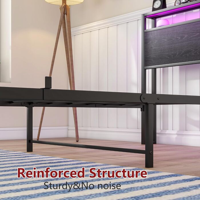 Ліжко HOJINLINERO з металу та дерева, металеве ліжко 90x200 з рейковою основою та функцією заряджання через USB/LED, односпальне ліжко, гостьове ліжко, дитяче ліжко 90x200 з узголів&39ям для зберігання речей, каркас ліжка з місцем для зберігання речей, чо