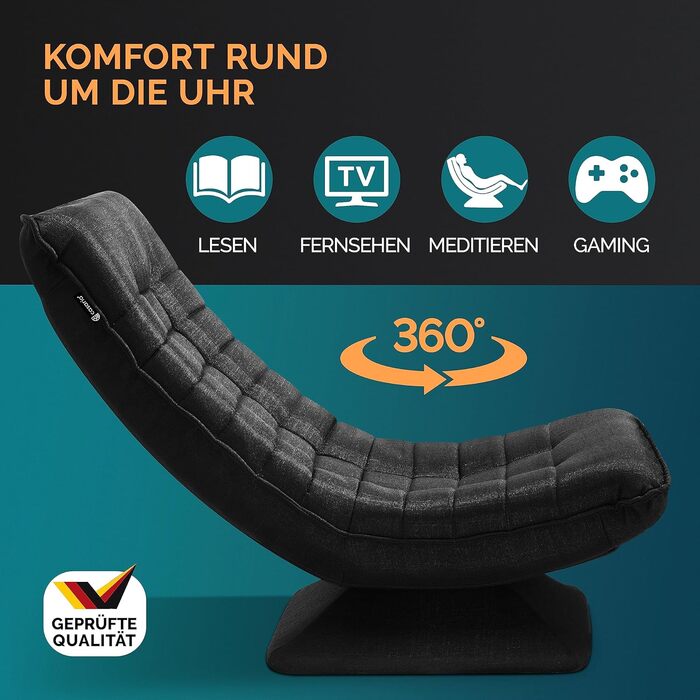 Крісло Casaria з регульованою спинкою, поворот на 360, складне, вантажопідйомність 150 кг, 60x105x87 см, м&39яке, ігрове крісло для вітальні, чорне