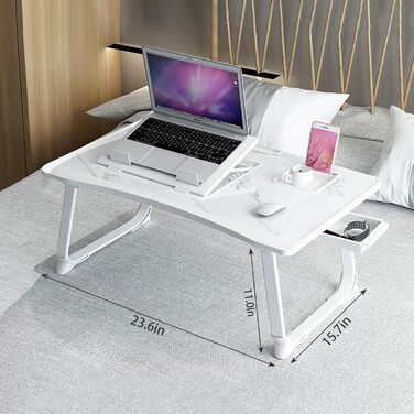 Регульований стіл для ноутбука на ліжко, портативний піднос з 6 кутами нахилу, висувною шухлядою та підставкою для напоїв. Ідеально підходить для роботи та навчання в ліжку.