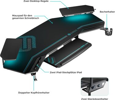 Ергономічний ігровий стіл EUREKA зі світлодіодним освітленням, великий ігровий стіл у формі крила 182x76 см, комп&39ютерний стіл з підставкою для клавіатури, 2 підставки для монітора, гачки для навушників для домашнього офісу, студії, прямих трансляцій, 1