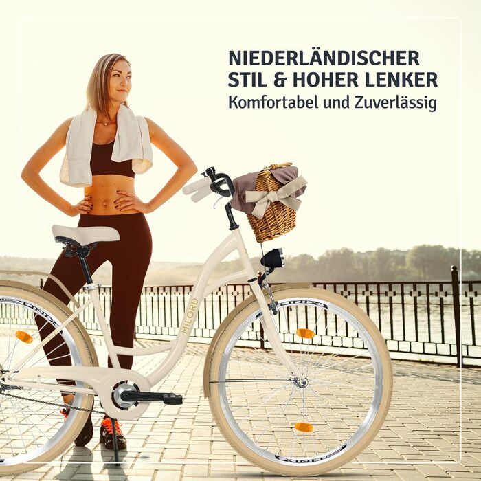 Жіночий міський велосипед MILORD Comfort з плетеним кошиком, вінтажний, 26, 28 дюймів, 1 швидкість, кремово-коричневий, 28 дюймів