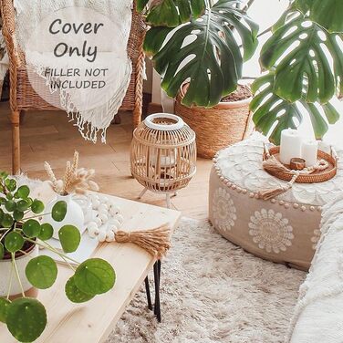 Кругла підлогова подушка Mandala Life ART XXL з помпонами, бежева, великий пуф/табурет, подушка для сидіння в стилі бохо, розкішна з художнім декором кімнати, плюшева, 100 бавовна, без наповнювача, 60x20 см, чохол для подушки 60x20 см, бежевий