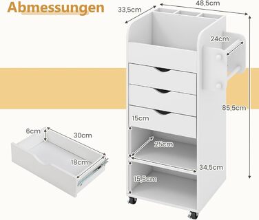 Контейнер на колесах COSTWAY з 3 шухлядами, візок для рукоділля з 2 коліщатками та 3 відділеннями, дерев&39яна шафа з шухлядами на колесах, багатоцільовий візок на колесах для офісу/кабінету (білий)