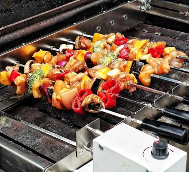 Електричний вертел BBQ-Toro Нержавіючий набір для шашлику з 9 шампурами та мотором Регульований розмір 56 x 26-40 см Живлення від мережі та USB Вертел для мангалу та грилю