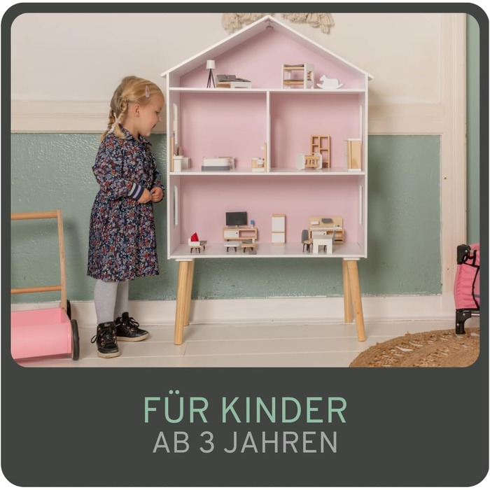 Дерев&39яний ляльковий будиночок "Бандити та ангели", білий та рожевий, сучасна вілла, вік 3, висота 115,5 см включає 47 предметів меблів ляльковий будиночок іграшка для ляльок, висота 115 см