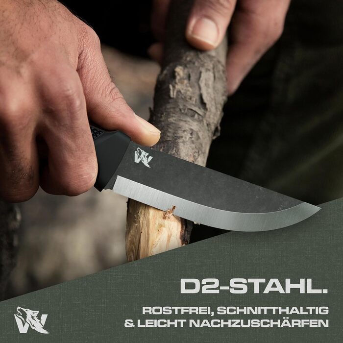 Рибальський ніж Wolfgang W-SCANDI з фіксованим лезом - Включно з піхвами - Ідеальний ніж для вуличного відпочинку, виготовлений із цілісного шматка сталі D2 - Ніж преміум-класу для виживання - Ідеальний ніж для виживання на відкритому повітрі.