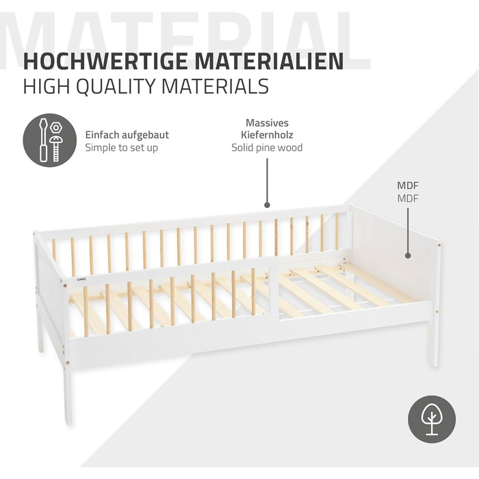 Дитяче ліжко ML-Design 80x160 см Біло-Натуральний, Односпальне ліжко для дітей з рейковою основою та захистом від падіння, Дитяче ліжко з сосни, Дерев&39яний каркас ліжка для хлопчиків та дівчаток, Дитяче ліжко з масиву дерева, Ліжко для малюків 80 x 160 