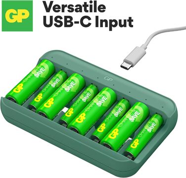 Зарядний пристрій GP Charge&Save для акумуляторів AA AAA з 8 зарядними слотами 4 батарейки AA та 4 батарейки AAA Зарядний пристрій USB-C Швидка зарядка, гнучке заряджання з окремими слотами, багатофункціональний захист, світлодіодний індикатор стану Компл