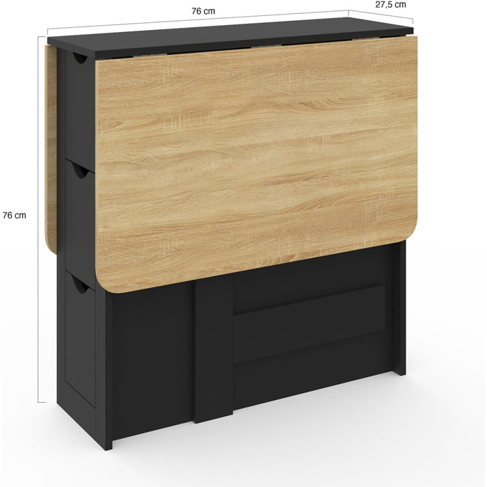 Розкладний консольний столик EDI для 2-4 осіб з 3 чорними шухлядами, стільниця під бук, 103 x 76 см