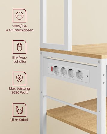 Кухонна полиця VASAGLE з розетками, окремостояча полиця, 40 x 100 x 180,4 см, полиця для випічки, регульовані полиці, шухляда для тканини, 12 гачків, кухня, Золотий дуб-хмарно білий KKS027Y02 40Г x 100Ш см Золотий дуб хмарно білий