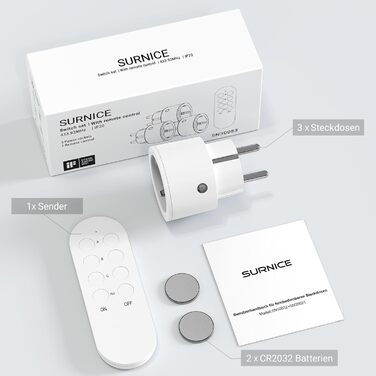 Розетки SURNICE з дистанційним керуванням, розетка перемикається 10А/2300Вт, радіус дії 40м, радіорозетки з дистанційним керуванням програмовані (1T3R)
