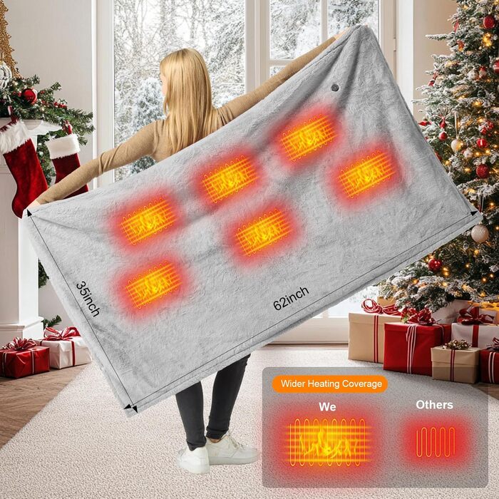 Бездротова ковдра з підігрівом 160x90 см з акумулятором 16000 мАг, фланелева ковдра з підігрівом, яку можна прати, з 6 зонами нагріву та 3 температурними режимами, електрична ковдра з підігрівом від USB для дивана, офісу, подорожей, кемпінгу (сіра)
