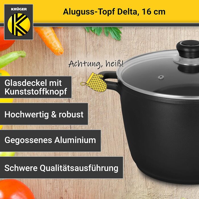 Лита алюмінієва каструля Krger Delta зі скляною кришкою - 16 см - каструля для приготування здорових та нежирних страв - підходить