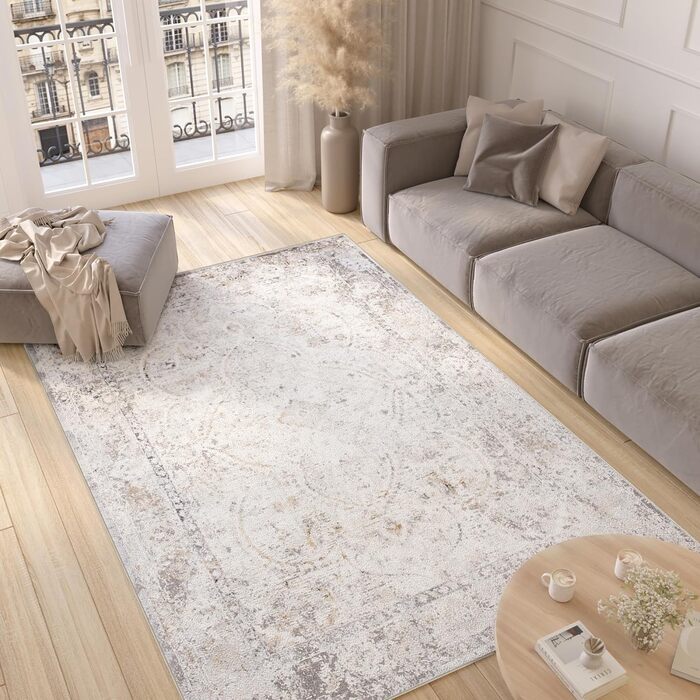 Килим з коротким ворсом Vintage Кремовий Білий Сірий Темно-сірий Дизайн рамки Використано Ефект Розмитий Розмитий Вітальня Спальня