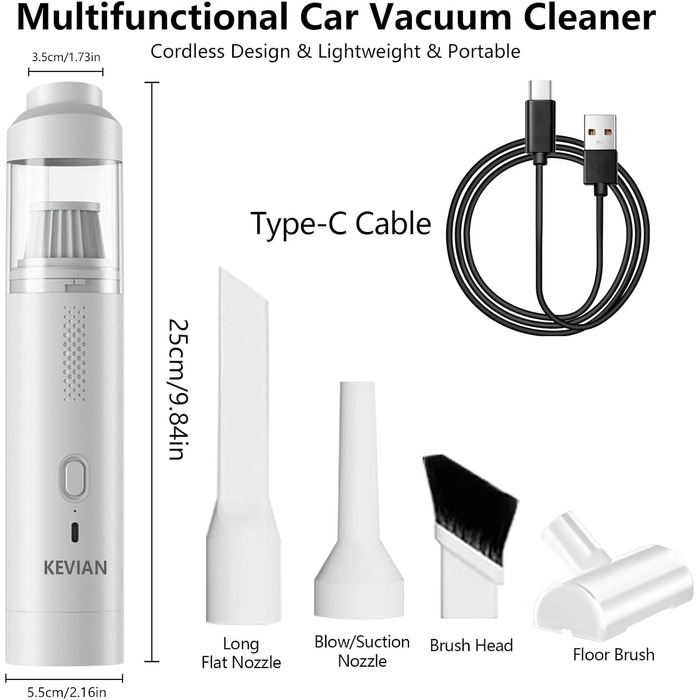 Акумулятор для ручного пилососа KEVIAN, ручний пилосос 12000Pa акумуляторний з швидкою зарядкою USB-C, автомобільний пилосос 2 в 1